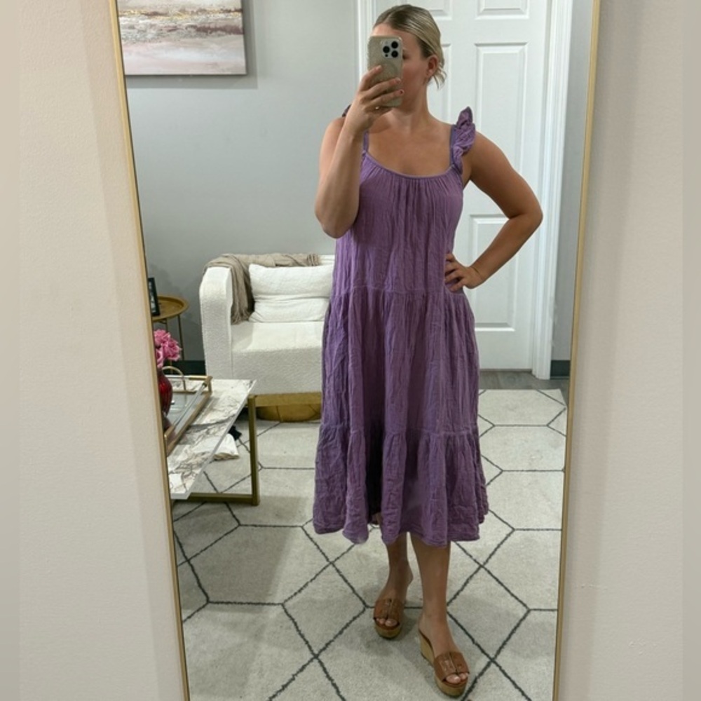 Xirena Dress Rumer Midi Cotton Gauze Ruffle Strap in Purple